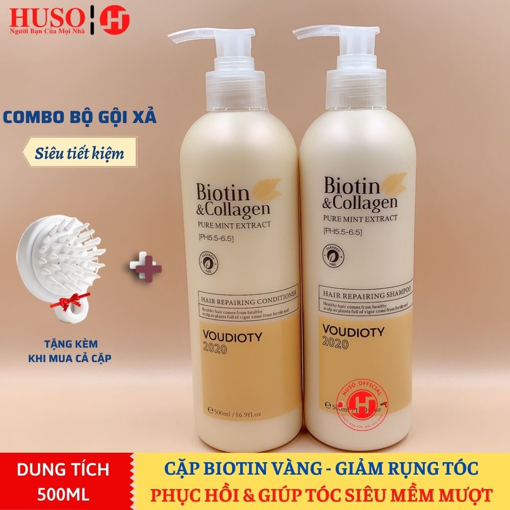 Dầu gội xả Biotin Collagen 500ml mềm mượt, giảm rụng tóc, kích mọc tóc, phục hồi tóc khô xơ - HUSO