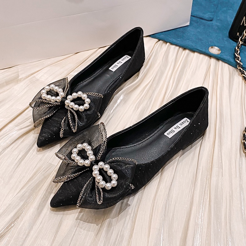 Giày Búp Bê Đế Thấp Mũi Nhọn Đính Nơ Cỡ Lớn Thoải Mái Phong Cách Mới Cho Nữ Size 41-43