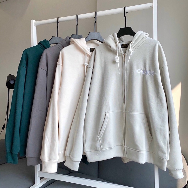 Áo khoác nỉ bông cotton cao cấp áo khóa dây kéo zip dày dặn in chữ CHAOS form rộng unisex nam nữ AQ STORE