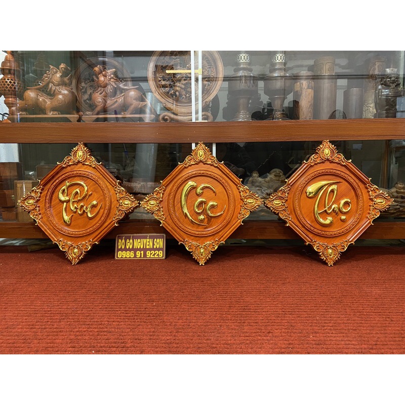 Bộ tranh chữ phúc lộc thọ/gỗ hương đỏ -vuông 45cm dát vang 24K ĐÀI LOAN cao cấp