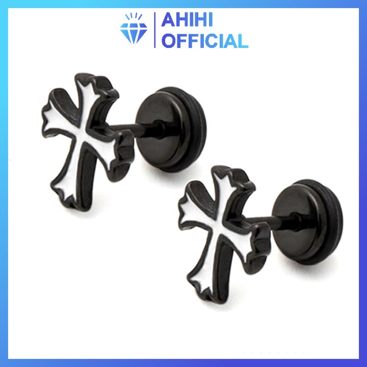 Bông tai nam inox thép không gỉ đẹp thời trang cao cấp titan kiểu thánh giá nhỏ viền đen ahihi.official PTBTNA171