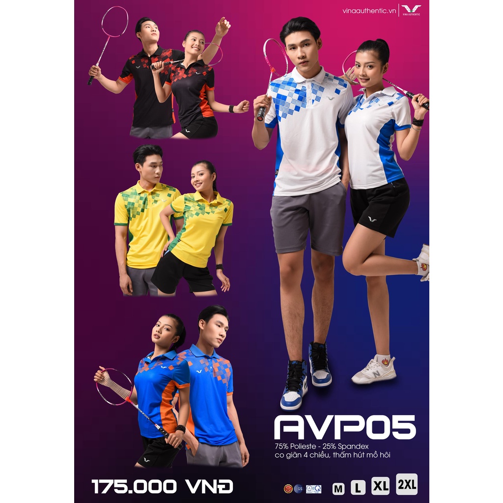 ÁO ĐÔI THỂ THAO NAM NỮ CÓ CỔ NCPAVP05 VINA AUTHENTIC CO GIẢN, THẤM HÚT MỒ HÔI, MỀM MẠI, CHUẨN THƯƠNG HIỆU