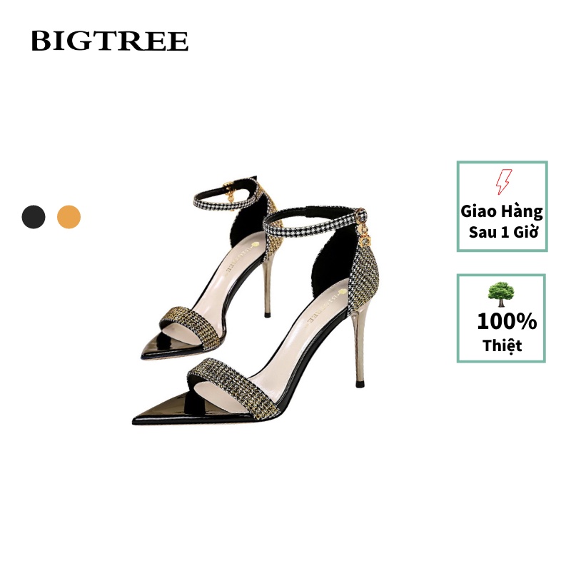 BIGTREE Giày Cao Gót Mũi Nhọn Hở Ngón Phối Kim Loại Thời Trang Mùa Hè Quyến Rũ Dành Cho Nữ 528-3