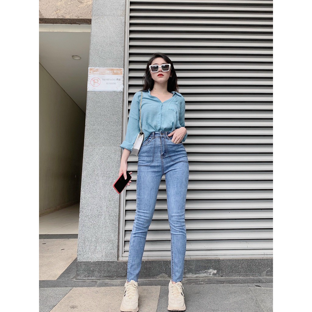 Quần jean dài nữ túi kiểu bầu lưng cao vải co giãn mạnh ảnh mẫu thật