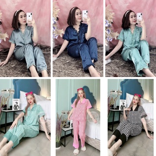 Đồ bộ phi lụa cổ tim viền ren - tay ngắn quần dài