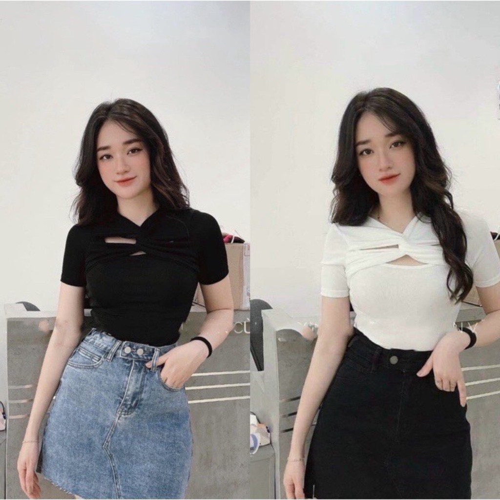 Áo croptop tay ngắn xoắn ngực cực xinh , áo thun nữ kiểu cổ xoắn