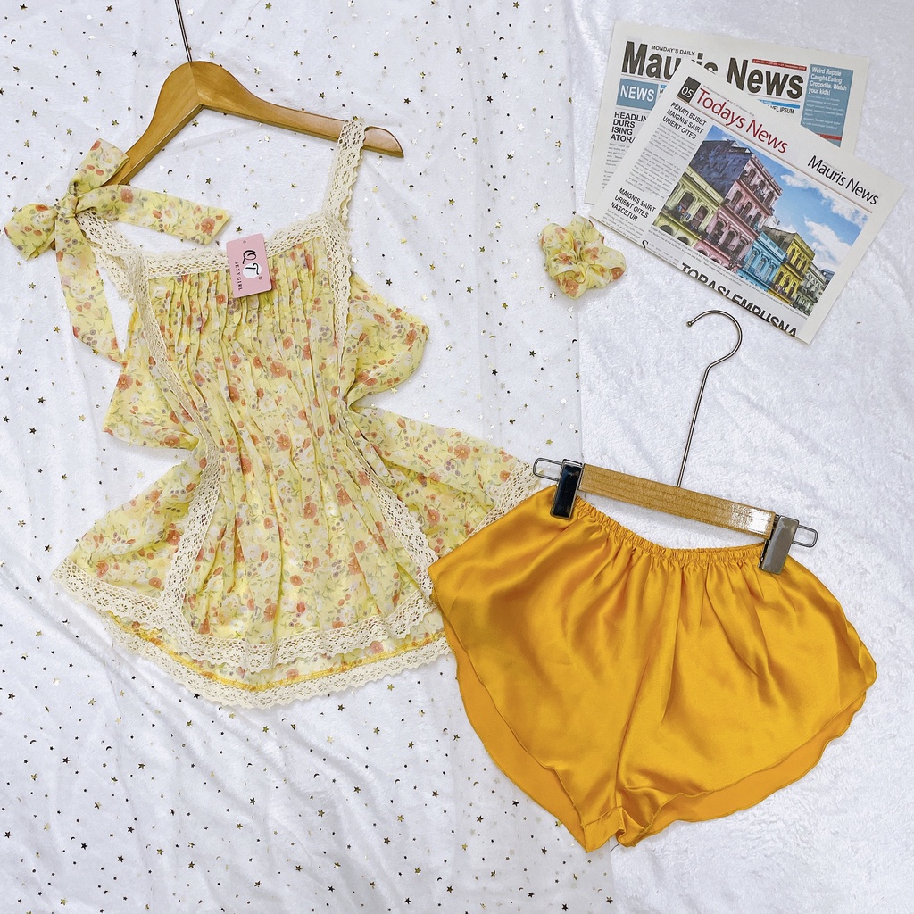 Đồ Ngủ Nữ, Đồ Ngủ Sexy Nữ Áo 2 Dây Chất Voan Phối Satin Mềm Mát Freesize - Linqu Sleepwear