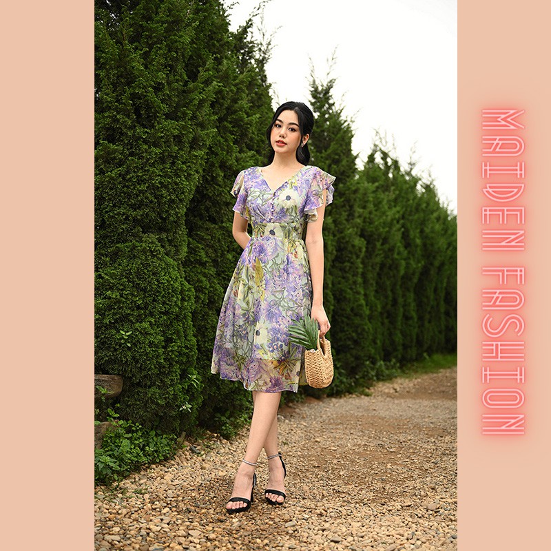 Đầm Dáng Xòe Ngọc Cổ Phối Hoa Tím - MAIDEN