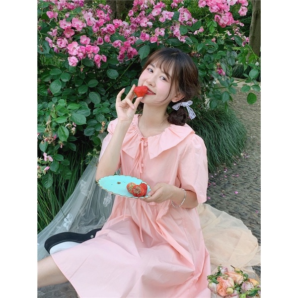 Váy babydoll dáng dài cổ chiếc lá cách điệu thắt nơ pastel dễ thương ulzzang Hàn Quốc [Yannie]