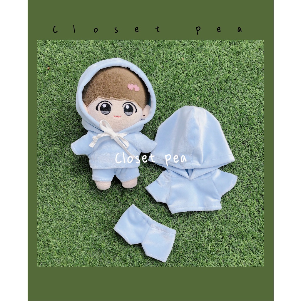 Bộ hoodie quần nhung màu xanh dương pastel cho doll 10cm 15cm 20cm