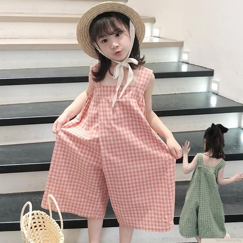 Bộ áo liền quần mùa hè in họa tiết caro phong cách Hàn Quốc dễ thương cho bé gái