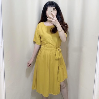[Ảnh thật] Đầm vàng đắp chéo cột nơ eo dễ thương ulzzang