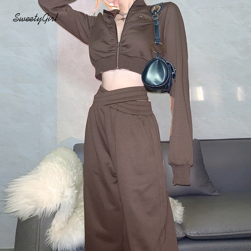 Áo croptop tay dài cổ cao có khóa kéo / Quần dài ống rộng lưng cao màu sắc thời trang cho nữ