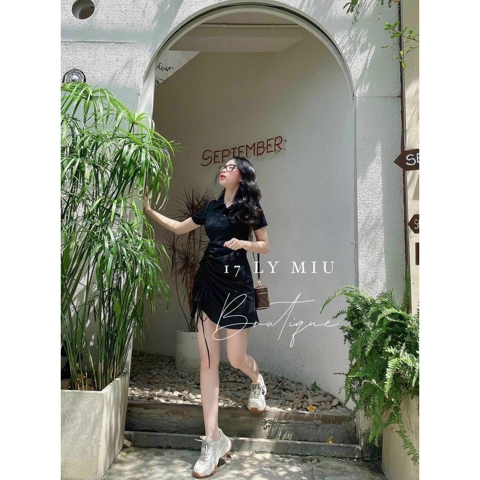 Đầm thun borip cổ trụ đuôi cá rút dậy hông, váy polo cổ sơ mi tay ngắn trơn 2 màu đen hồng nhún dạo phố cá tính