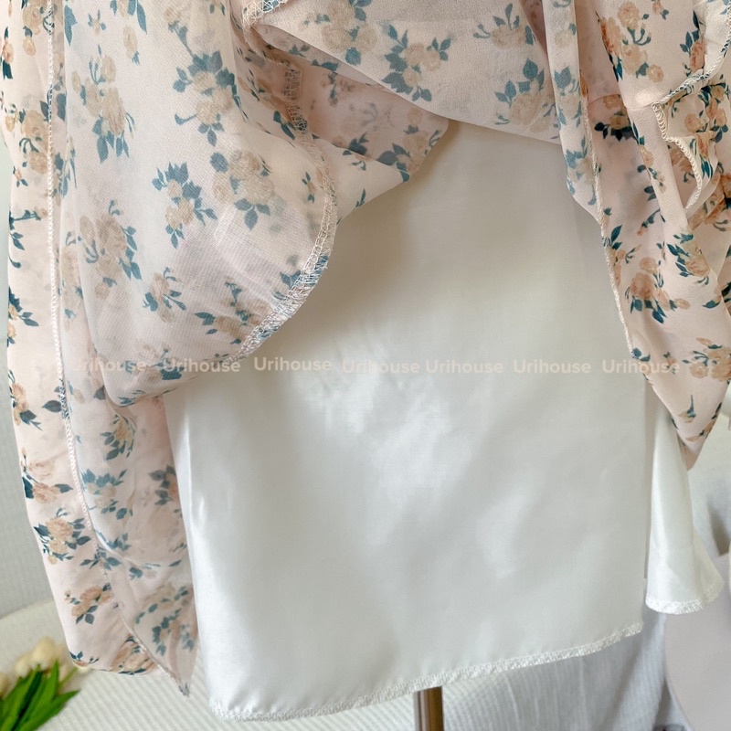 Urihouse - Đầm hoa hoạ tiết hoa nhí dài tay phồng bo chun cổ vuông dáng xoè tầng tiểu thư | Đầm công chúa