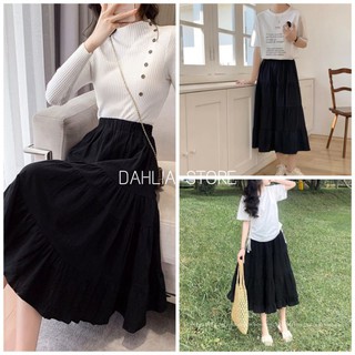 Chân Váy Đũi Nhăn Vintage Suông Nữ [FREESHIP] 🌸 Đầm midi dáng dài cạp cao chun lưng, bánh bèo màu đen Ulzzang HOT 🌸