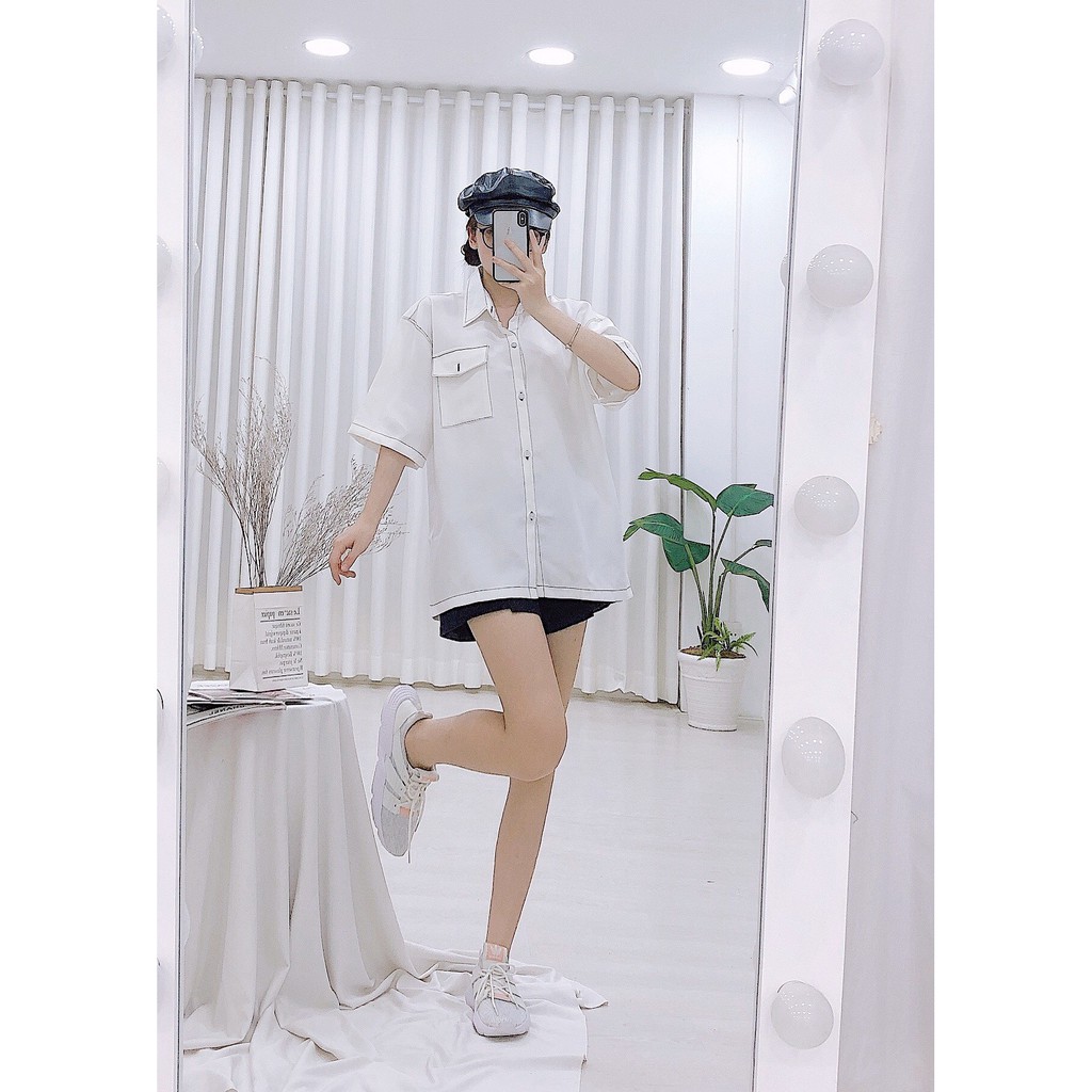 Áo Sơ Mi Nam Tay Lỡ Viền Chỉ Nổi Phong Cách Unisex 2 màu Đen Trắng