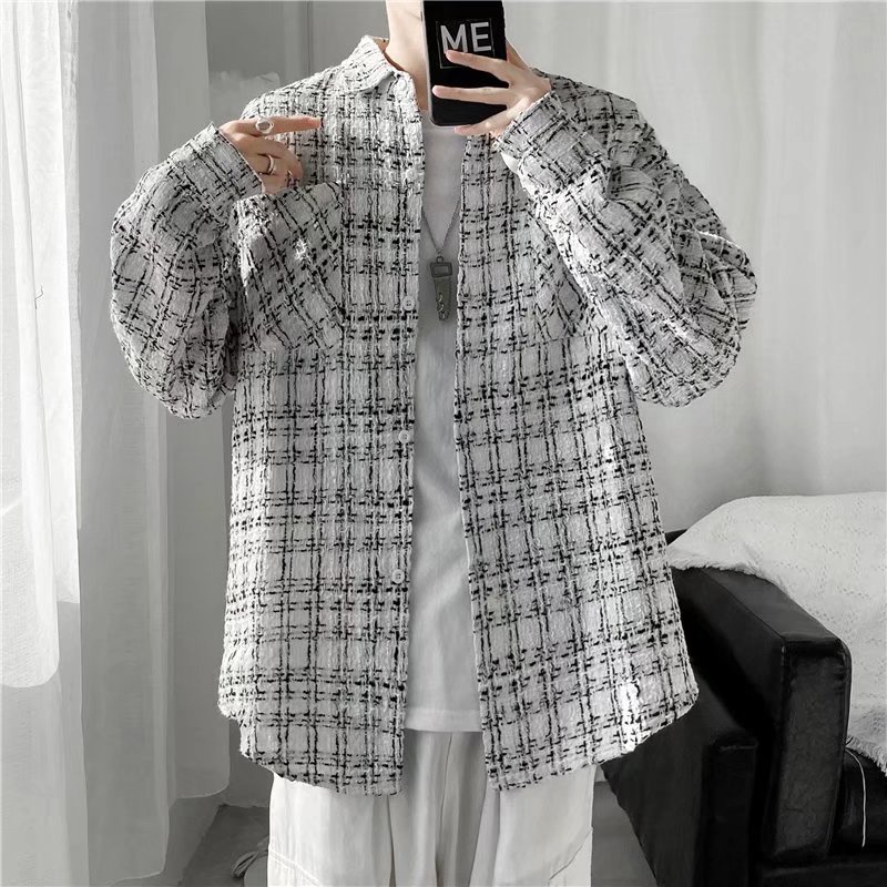 Áo khoác len tay dài dáng rộng kẻ sọc caro trắng đen thời trang thu đông phong cách Hàn Quốc cho nam và nữ