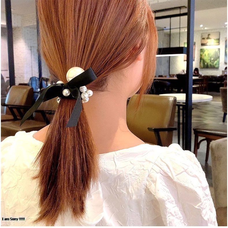 Cột tóc hạt châu trắng ruy băng đen giá rẻ nữ tính CT130