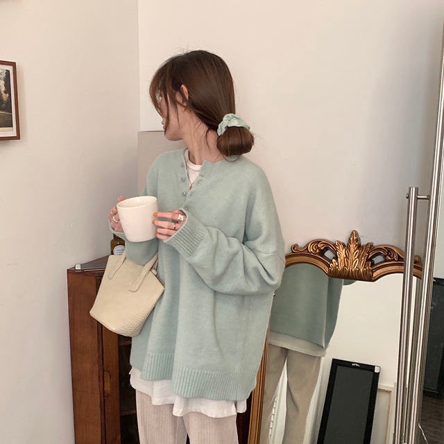 Áo Sweater cổ tròn dáng rộng phối nút phong cách Hàn Quốc đơn giản thời trang cho nữ