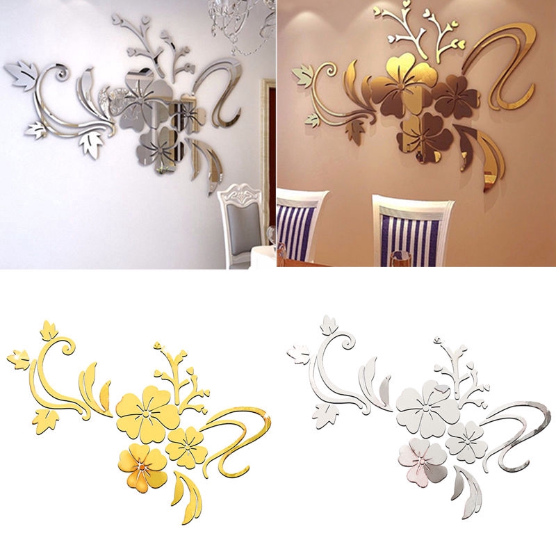 Sticker dán tường mặt gương hình bông hoa 3D dùng trang trí nhà sống động