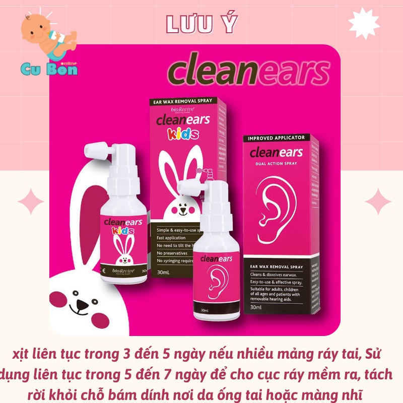 Xịt ráy tai cho bé Clean Ears Kids của  Úc 30ml giúp lấy ráy tai làm tan ráy tai cho bé từ 2 tháng tuổi trở lên