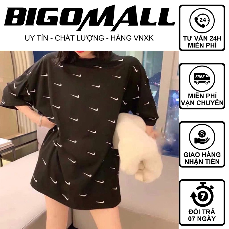 Áo thun tay lỡ họa tiết Nk in kín BIGOMALL - Áo phông nam nữ unisex Freesize Form Rộng 65kg