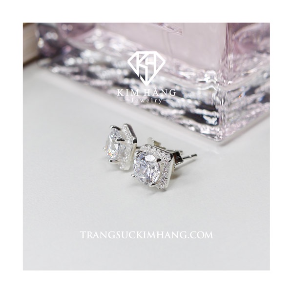 Khuyên Tai BẠC Nụ Đá Vuông Viền Tấm - Chốt Đẩy
