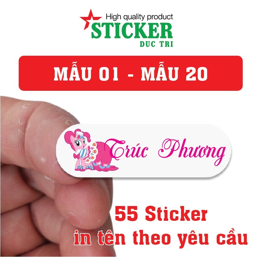 55 Sticker Miếng Dán Tem Tên Bé in theo yêu cầu  (Decal nhựa chống nước). M01-M20