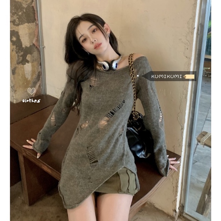 QKOOLE Áo dệt kim  tay dài chống nắng phong cách cổ điển Hàn Quốc gợi cảm dành cho nữ