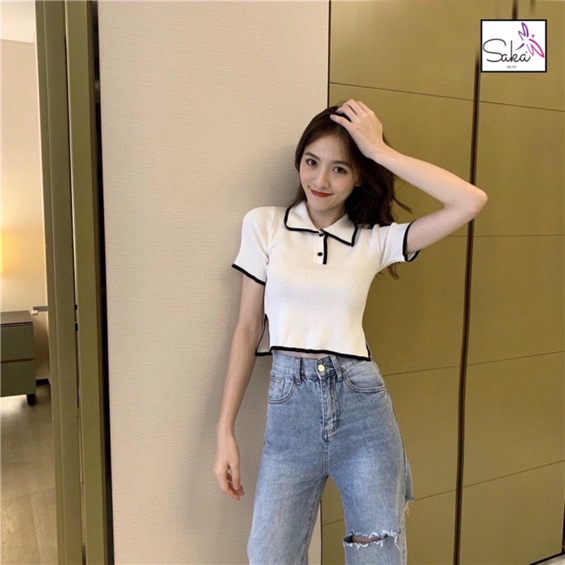 Áo croptop nữ thun cổ sơ mi phối nút dễ thương nhiều màu