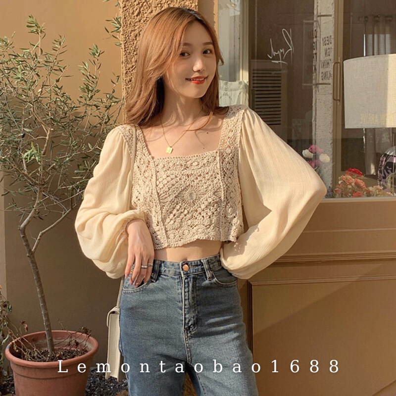 Áo Croptop Phối Voan Cổ Vuông, Hoạ Tiết Boho Du Lịch