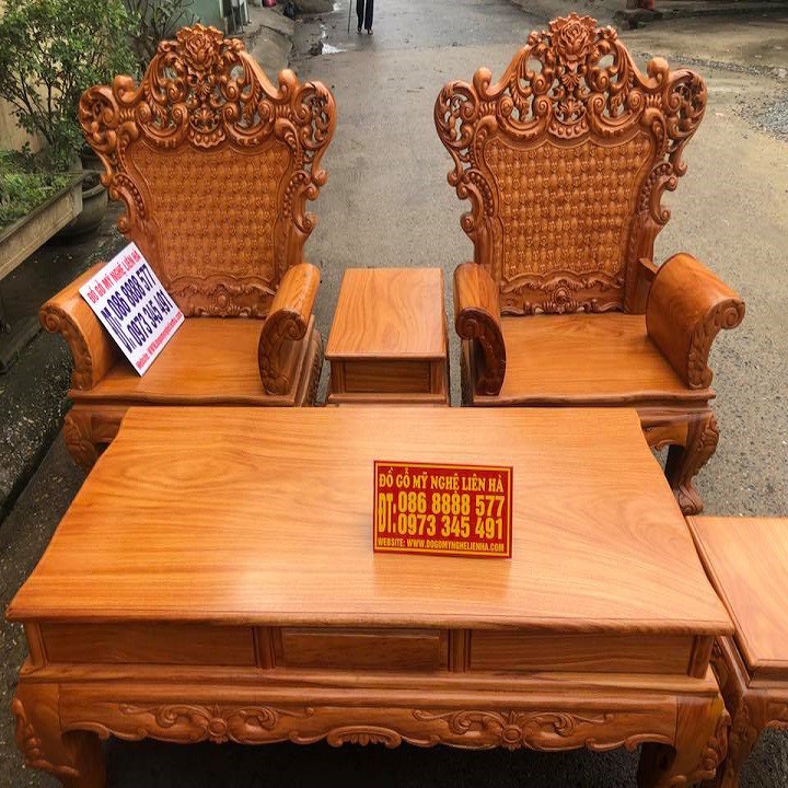 Bộ bàn ghế Louis Hoàng Gia mặt tràn 6 món Gỗ Gõ Đỏ