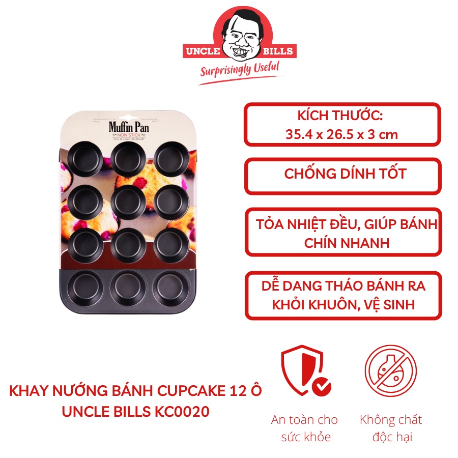 Khay Nướng Bánh Cupcake Uncle Bills KC0020 Chống Dính 12 Ô