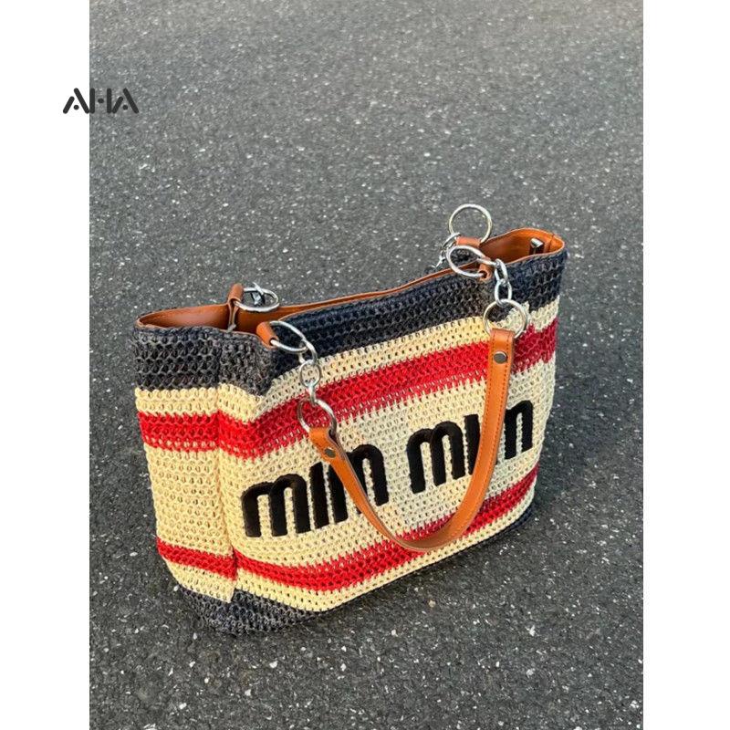 Niche Túi Xách Tote Dệt Rơm Dệt Một Quai Xích Sức Chứa Lớn Phong Cách Phương Tây Cho Nữ