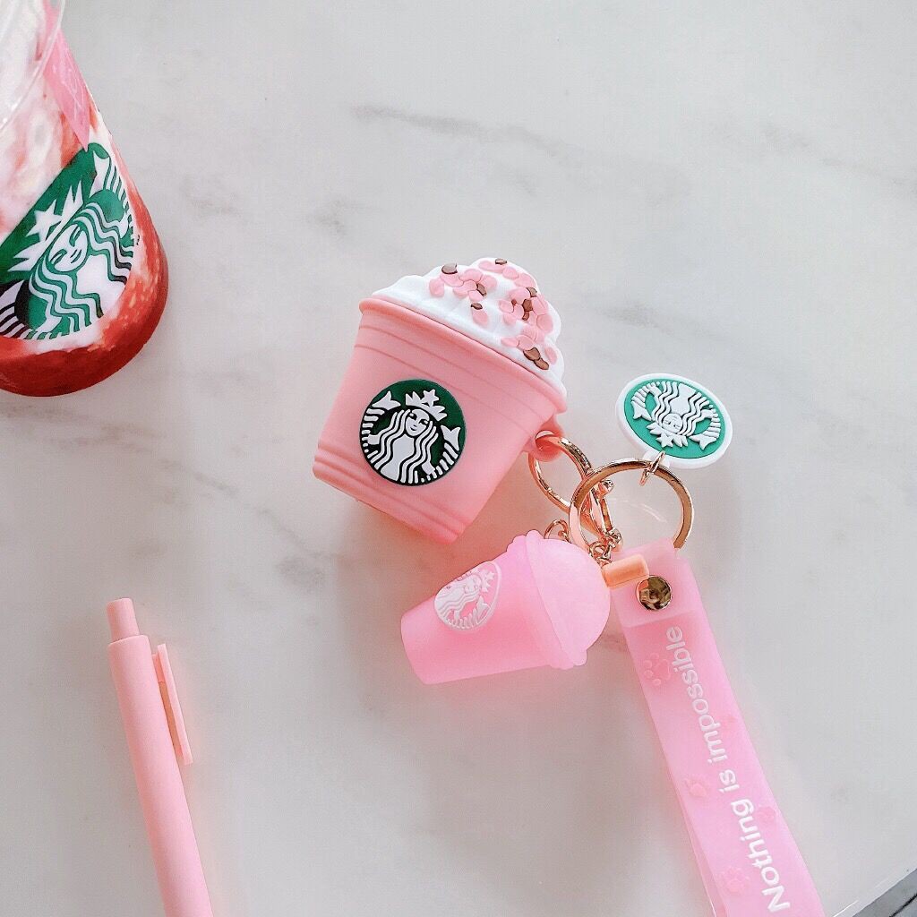 Vỏ bảo vệ hộp sạc tai nghe Airpods 1 2 hình ly kem starbucks màu hồng kèm móc treo độc đáo