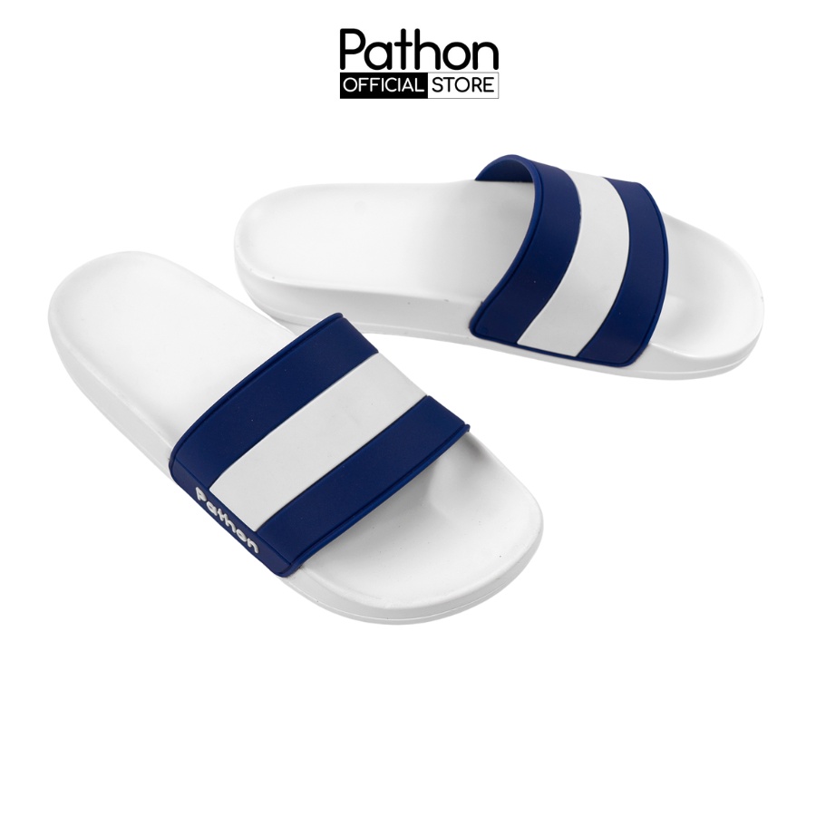 Dép nam nữ quai ngang slipper Pathon quai PVC và đế PU trắng quai sọc trắng xanh lớn SD37