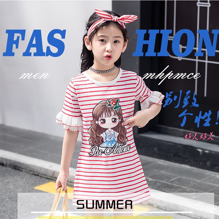 Váy bé gái kẻ ngang đính hình cô gái xinh xắn size 15-32kg VH25