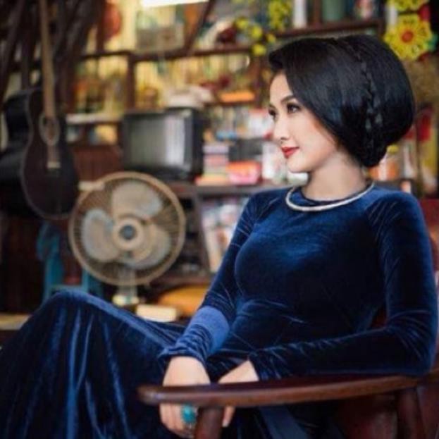 ┅Áo dài nhung xanh than đen CHAANG May sẵn trung niên trẻ cổ tròn vải đẹp