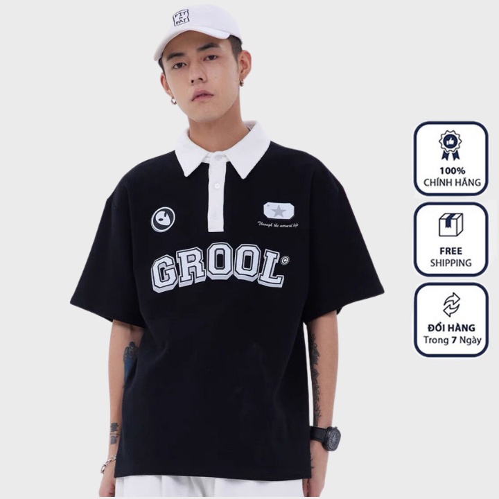 Áo Polo Cộc Tay Unisex Grool Phong Cách Ullzang,Áo Thun Có Cổ Nam Nữ Cotton Thoáng Mát