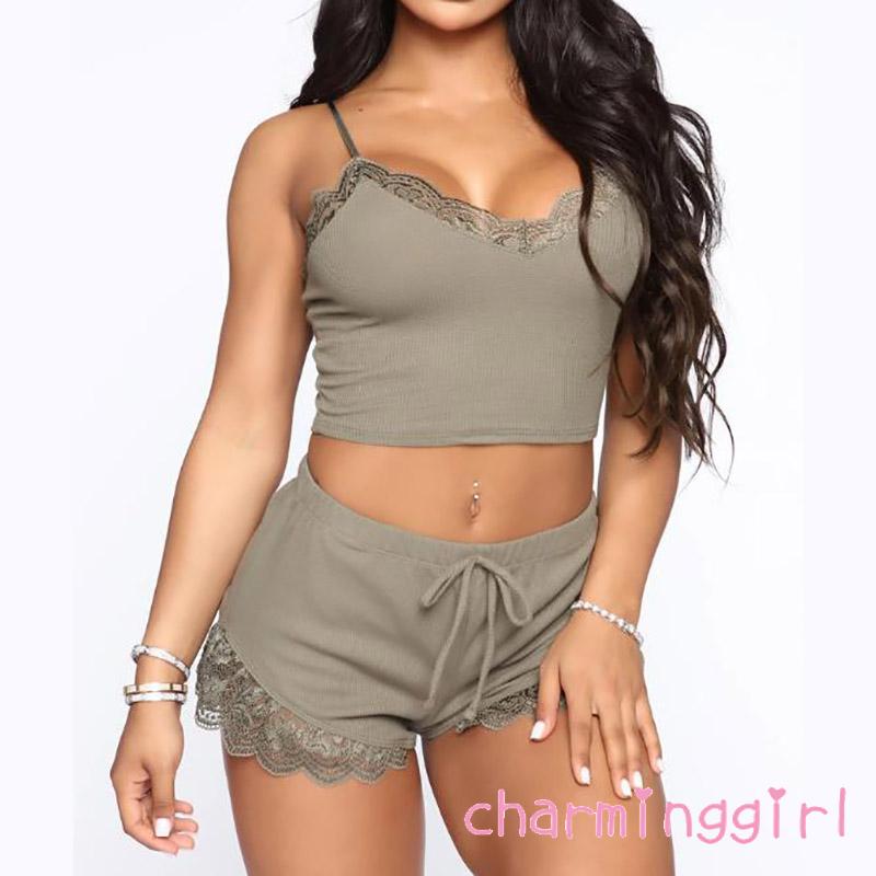 Bộ Đồ Ngủ Ngắn Hai Dây Màu Trơn Gợi Cảm Cho Nữ