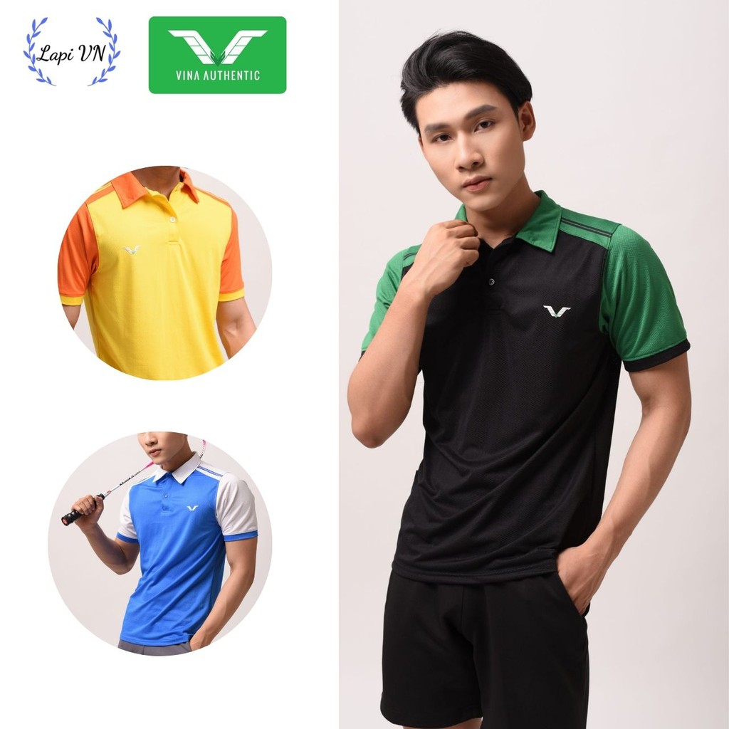 Áo Cầu Lông Nam Cổ Trụ Tay Phối AVP07 Vina Sport, Chất Thun Poly Thấm Hút Mồ Hôi, Thoáng Mát, Co Dãn Tốt, Full Size
