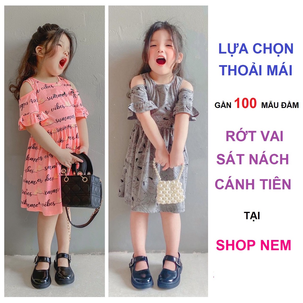 CHỌN MẪU link 2- Váy đầm cho bé kiểu rớt vai tay xẻ, váy cộc tay cotton xuất dư, thun lạnh mềm mát đồ bộ bé gái shop NEM