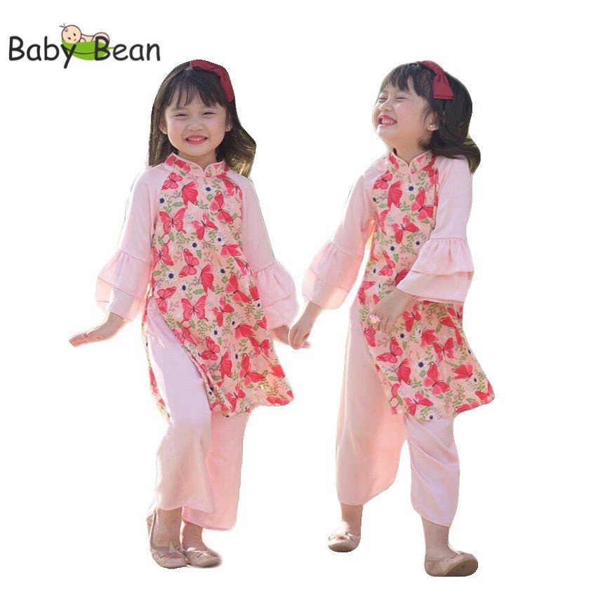 Bộ Áo Dài Cách Tân vải Tafta Hoa Đào Bé Gái BabyBean