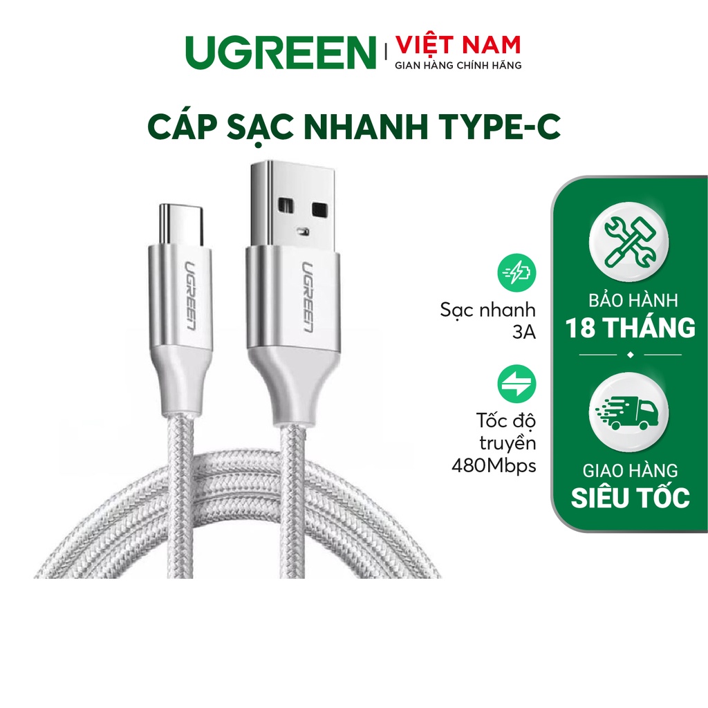 Dây sạc nhanh 3.0 type C UGREEN 60409 dài 3m - Màu bạc - Hàng phân phối chính hãng