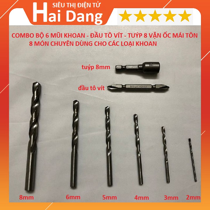 Combo bộ 6 Mũi Khoan Và Đầu Tô Vít Và Tuýp 8 Vặn Ốc Mái Tôn Tổng 8 món