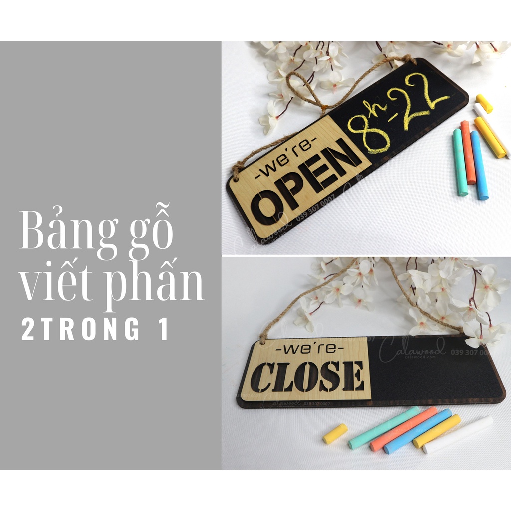 Bảng gỗ OPEN CLOSE Bảng Decal viết phấn 2 mặt có dây treo trang trí quán, cửa hàng...