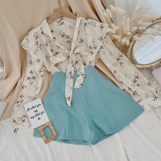 126 - set áo hoa cột nơ cổ short xanh