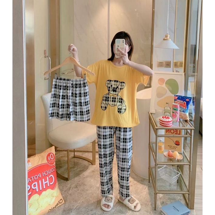 Đồ mặc nhà size lớn hoạ tiết hoạt hình dễ thương, bộ thun nữ tay ngắn quần dài thun 4 chiều TẶNG KÈM quần ngắn cùng hình