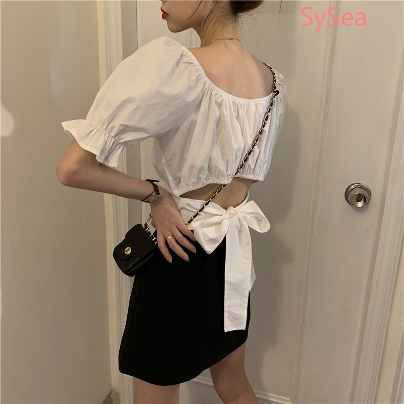 Áo sơ mi kiểu croptop tay ngắn kiểu cổ vuông hở lưng thời trang trẻ trung cho bạn gái